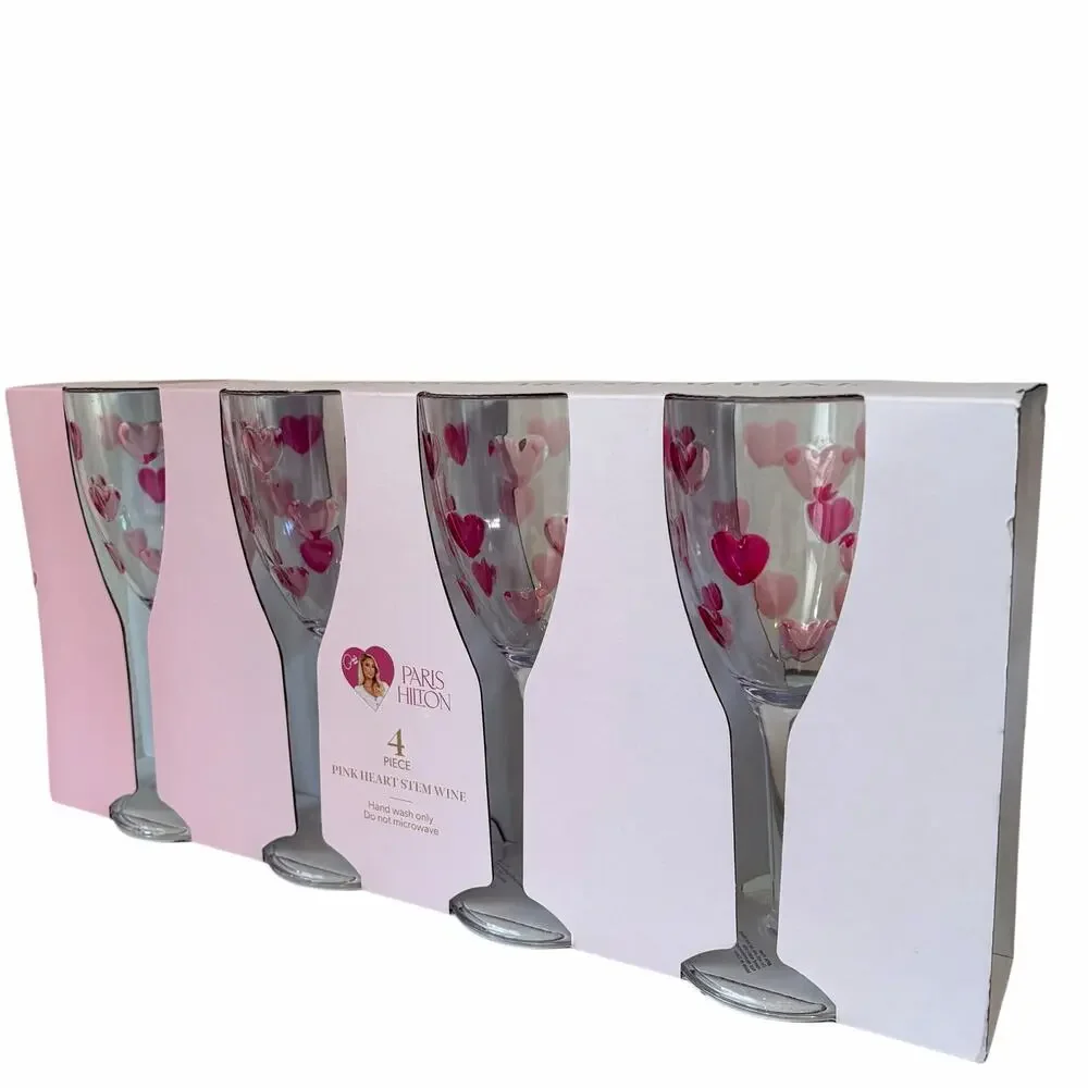 Paris Hilton Pink Heart Acrylic Stem Wine Glasses Set of 4 Outdoor Barware NEW